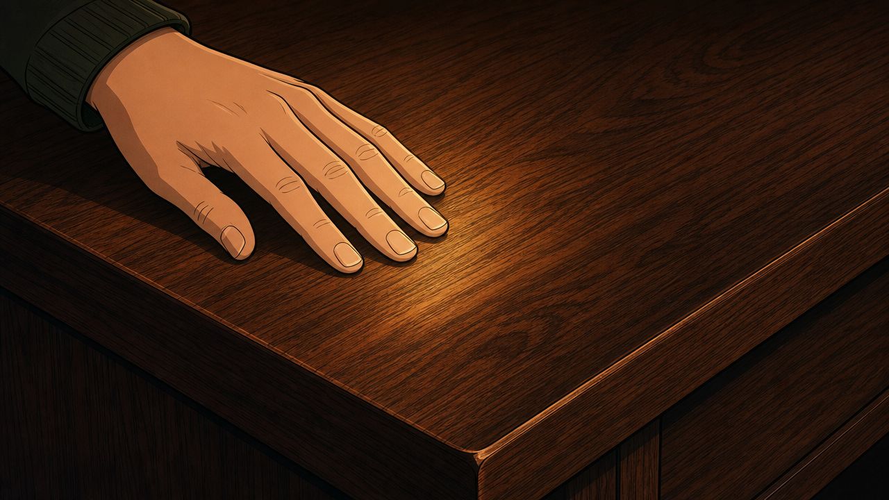 A close-up view of a person's hand resting on a polished wooden desk surface.