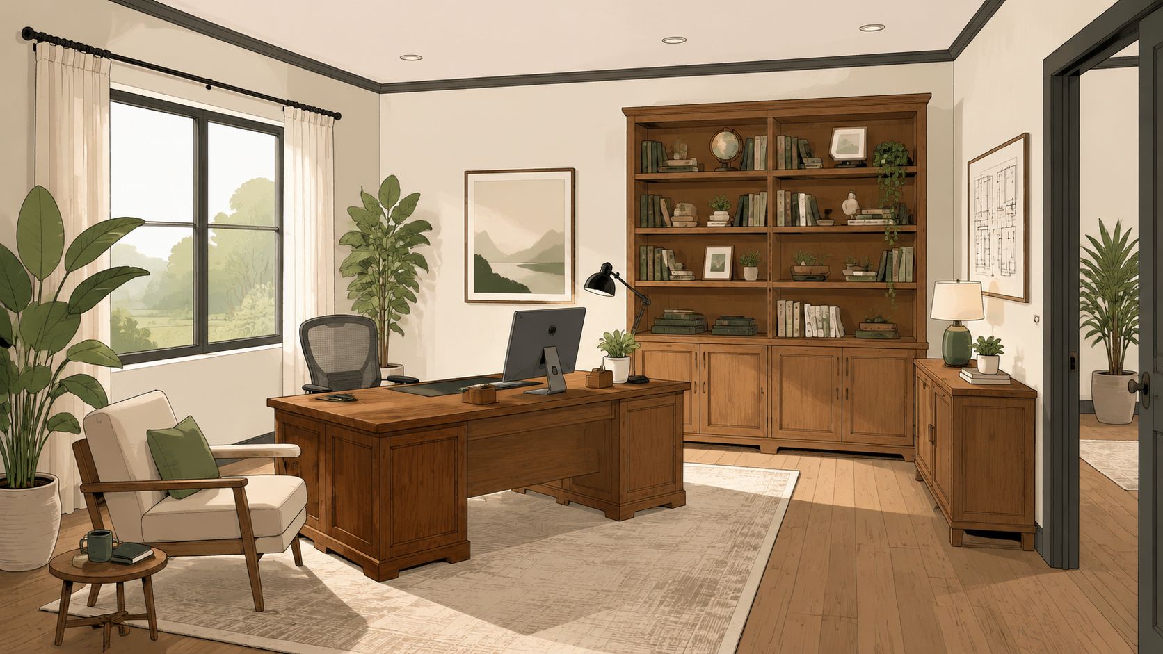 A cozy, well-lit home office featuring wooden furniture, a large desk, bookshelf, and indoor plants.