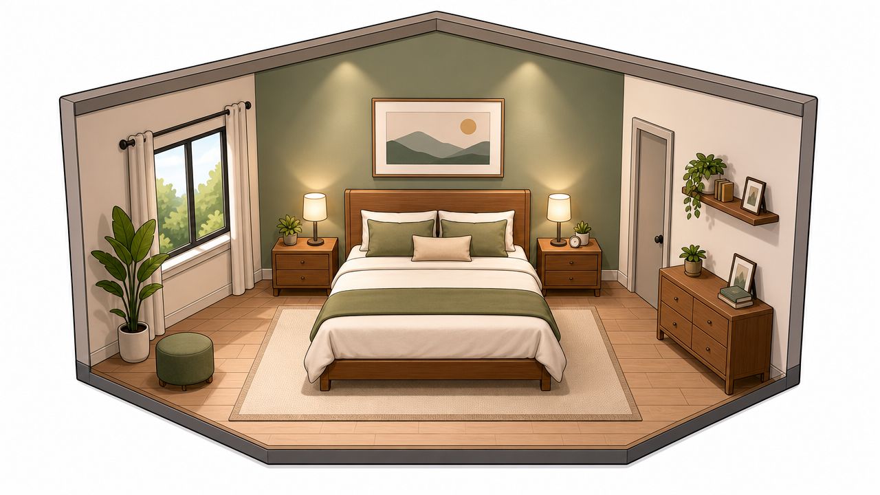 An isometric view of a cozy bedroom with a wooden bed, nightstands, a dresser, and green accents.
