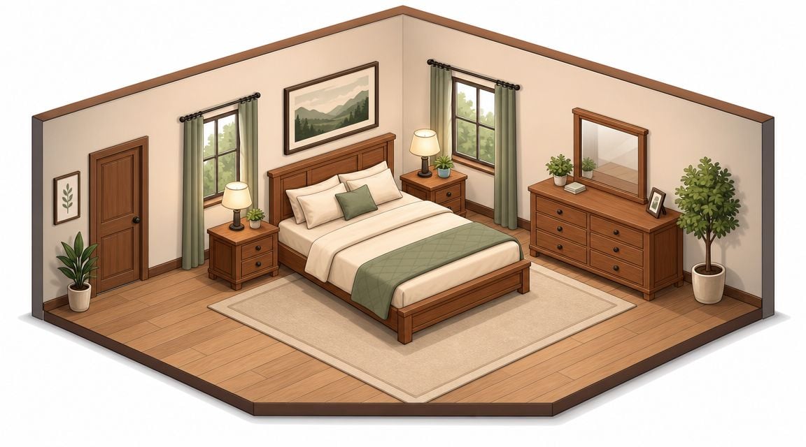 An isometric view of a cozy bedroom featuring wooden furniture, a double bed, and natural decor elements.