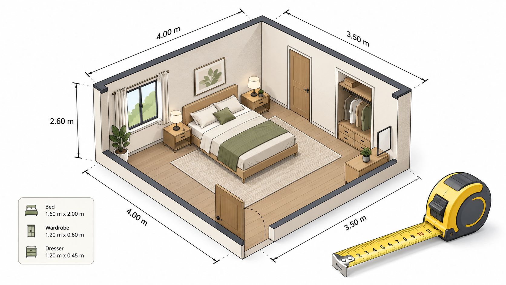 An isometric 3D render of a modern bedroom floor plan with furniture dimensions and a measuring tape.