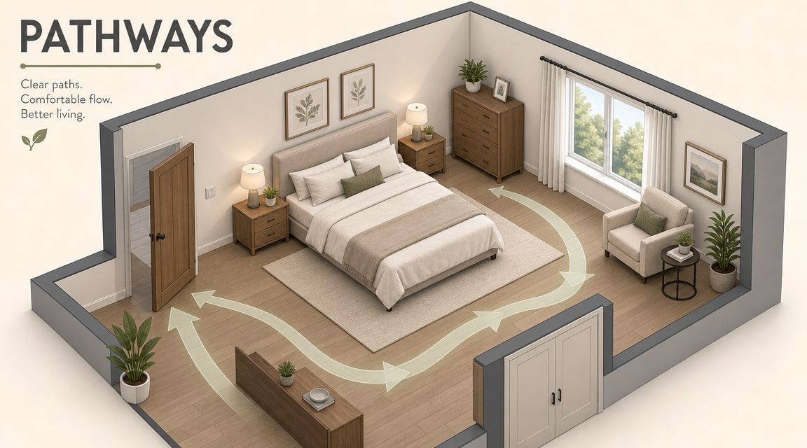 A 3D floor plan of a bedroom showing efficient furniture arrangement with clear walking paths for better flow.