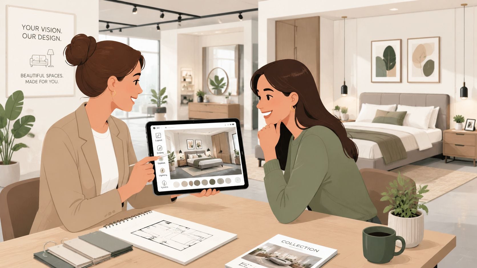 A professional interior designer shows a client bedroom furniture layout options on a tablet in a showroom.