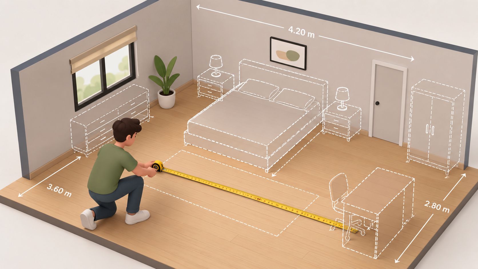 A person measuring the floor space of an empty bedroom with a yellow tape measure.