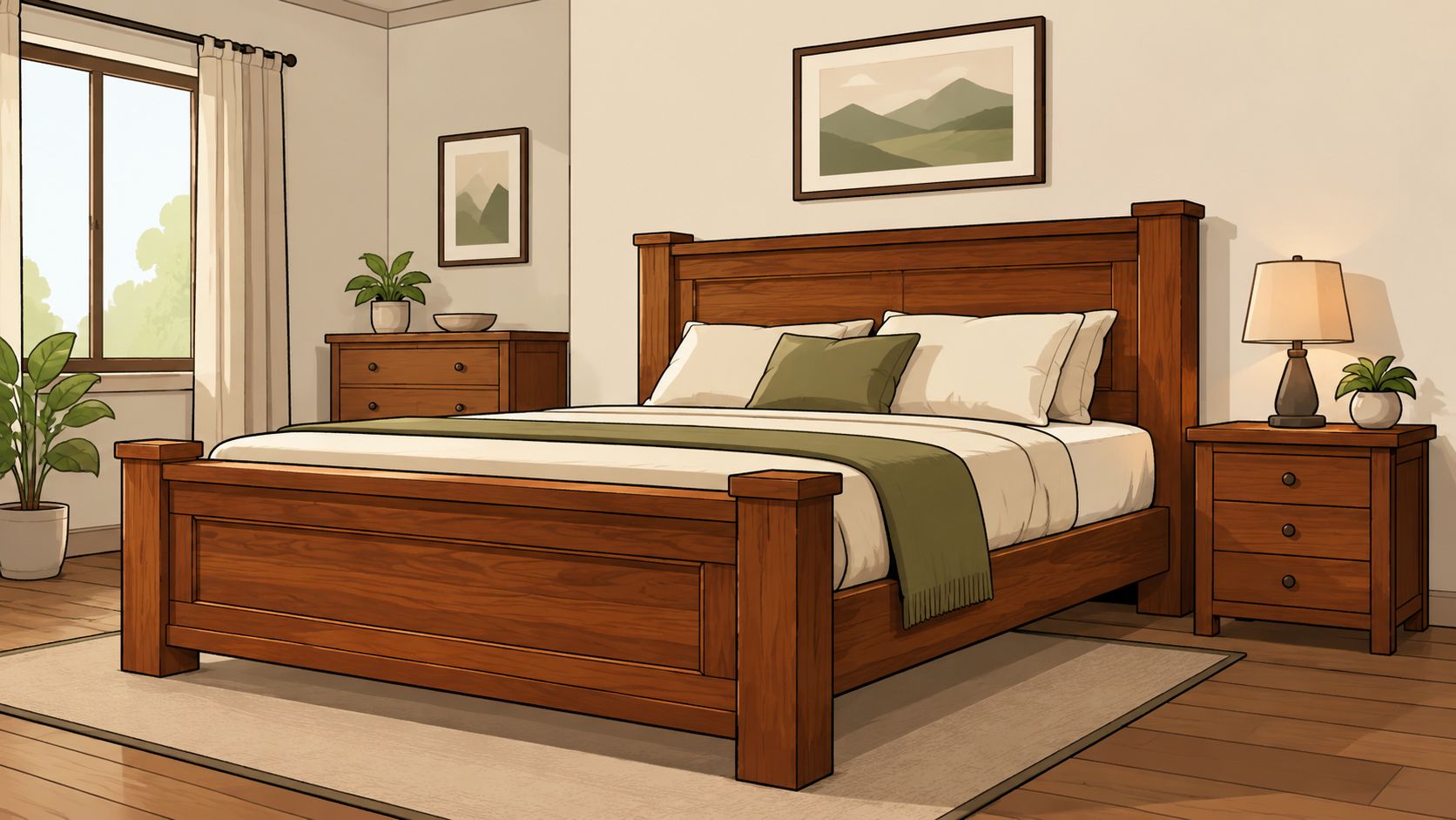 A cozy bedroom with a wooden bed frame, matching nightstand, dresser, and minimalist landscape wall art.