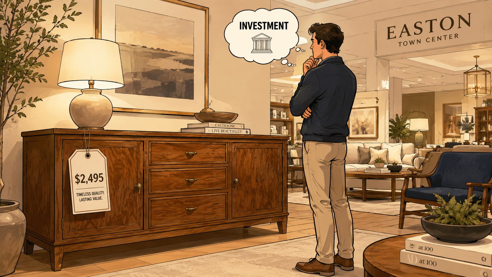 A man in a furniture store contemplating purchasing an expensive wooden sideboard as a financial investment.