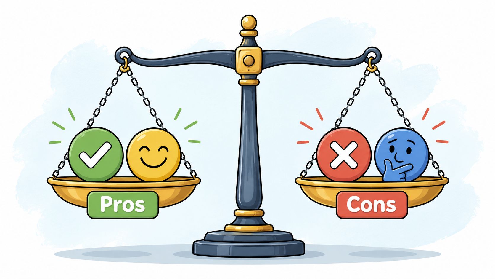 A balance scale weighing pros and cons, featuring positive and negative emoji icons on each side.