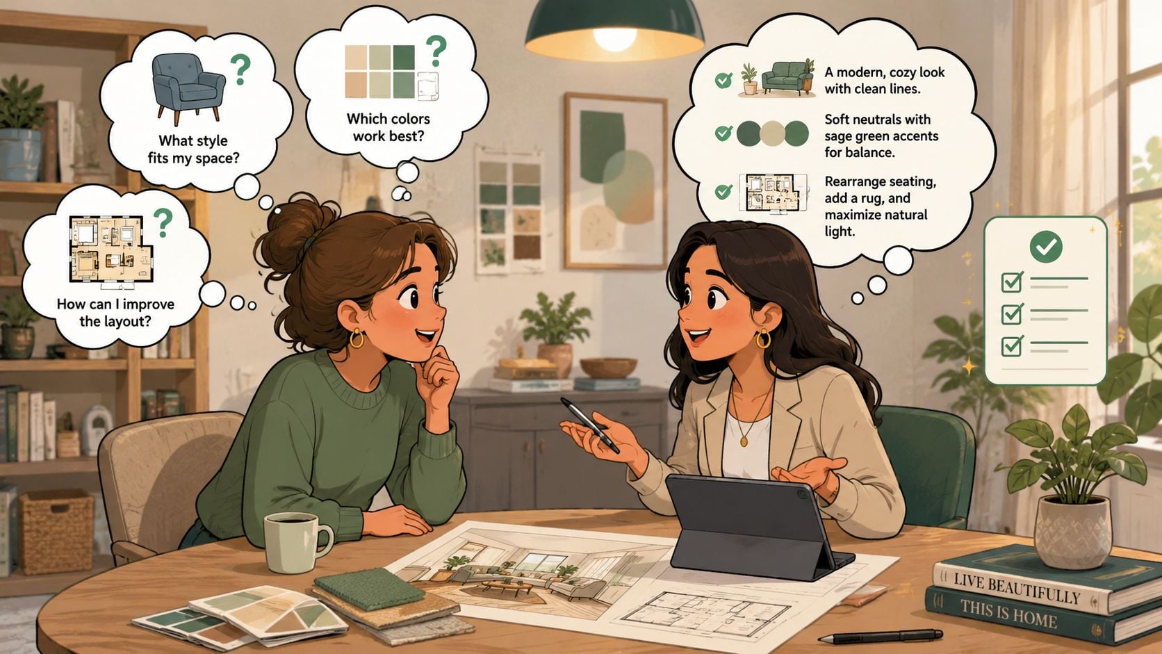 Two women discussing interior design plans with sketches, color palettes, and layout ideas at a table.