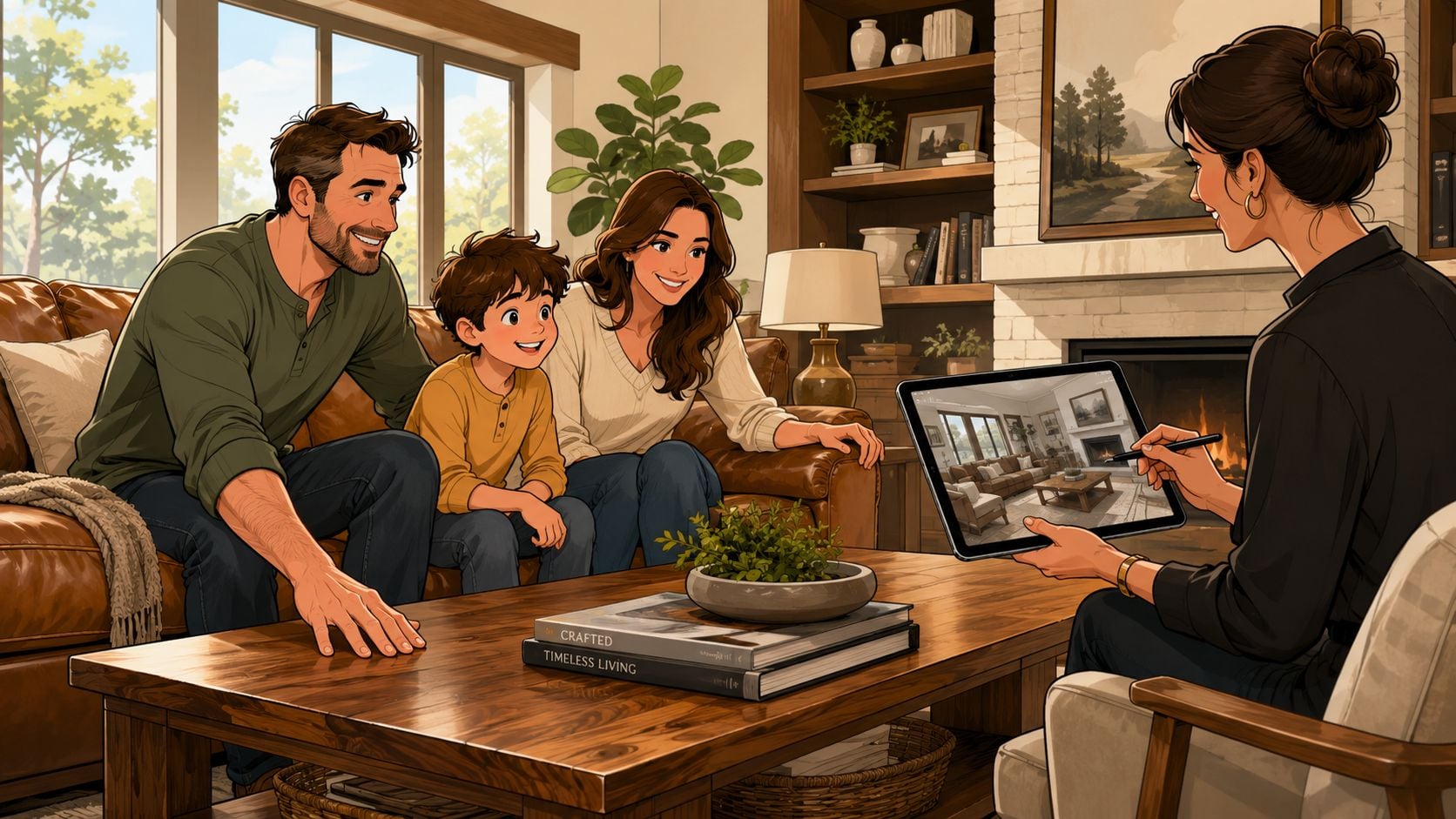 A professional interior designer shows a virtual room visualization on a tablet to a happy young family.
