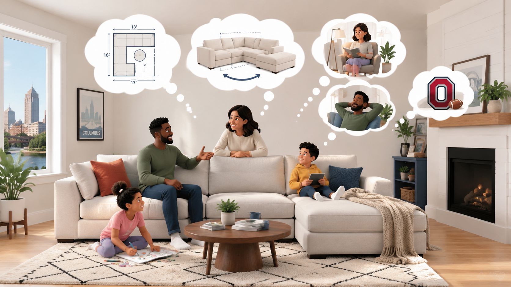 A family sits in a living room discussing potential leather sectionals with power recliners for their home.