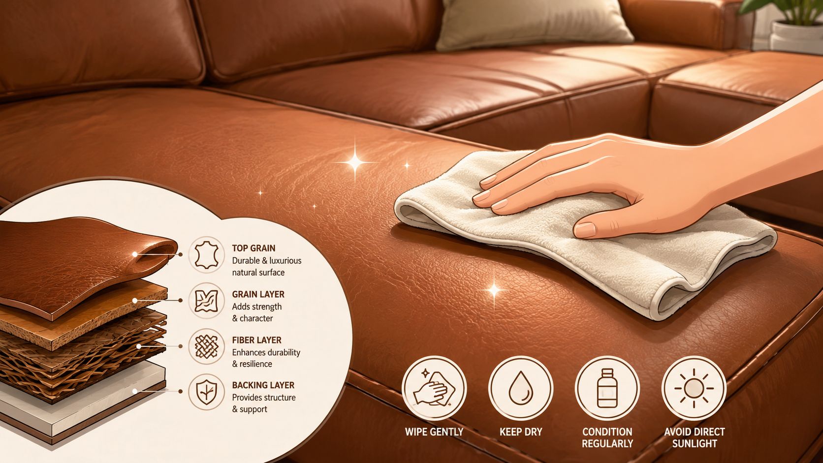 A leather sectional sofa cross-section showing layers with maintenance tips like cleaning and conditioning for durability.