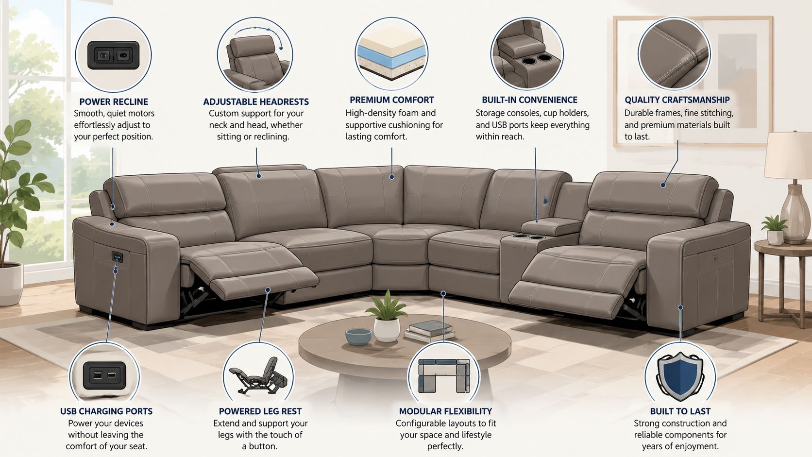 A modern grey leather sectional sofa featuring power recliners, adjustable headrests, USB charging ports, and built-in storage consoles.