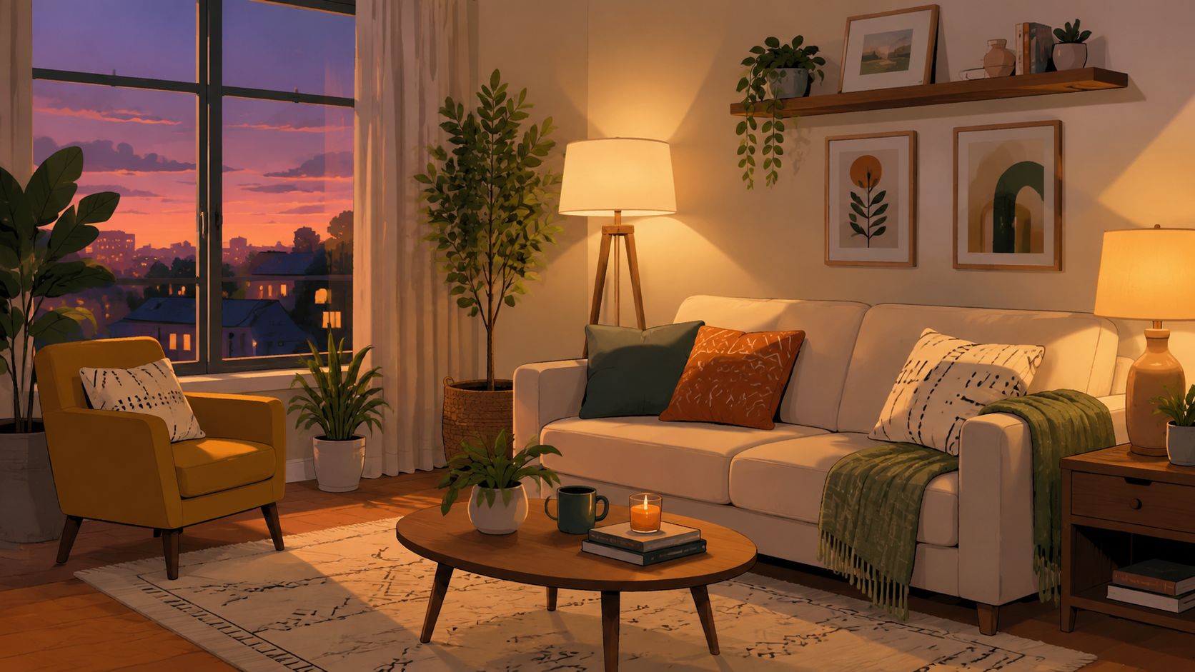 A cozy living room interior with warm sunset lighting, comfortable sofa, armchair, and indoor house plants.