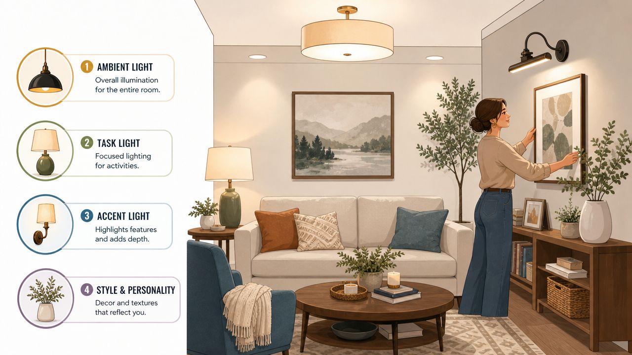 A room interior design diagram illustrating different lighting techniques for a stylish and functional living space.