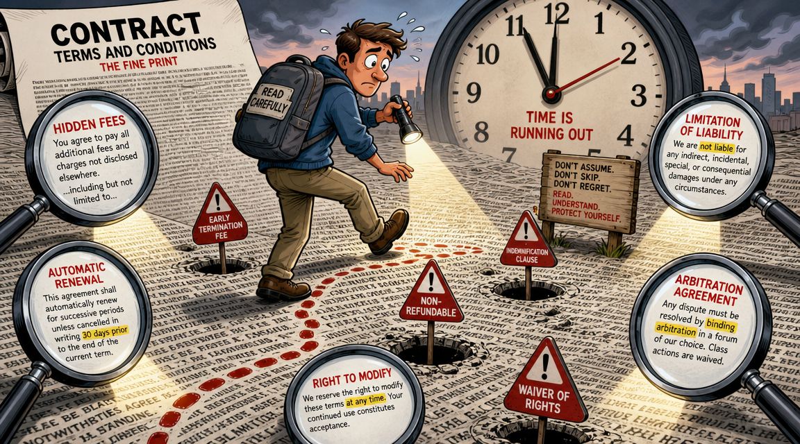 A worried person walking through a contract landscape filled with hazardous hidden fees and legal pitfalls.