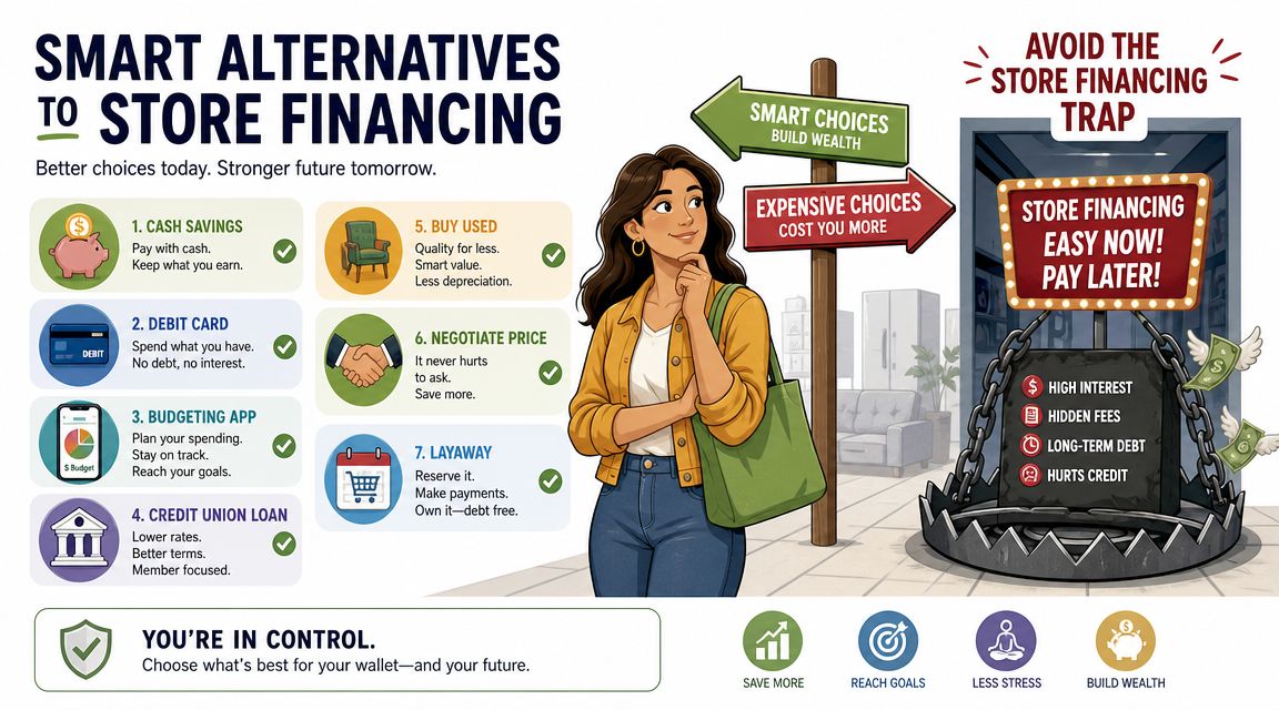 A visual guide comparing store financing risks with seven smart financial alternatives for better personal budgeting.