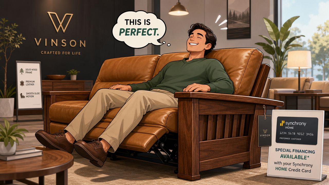 A man relaxing on a comfortable leather recliner in a furniture store with financing signage visible nearby.