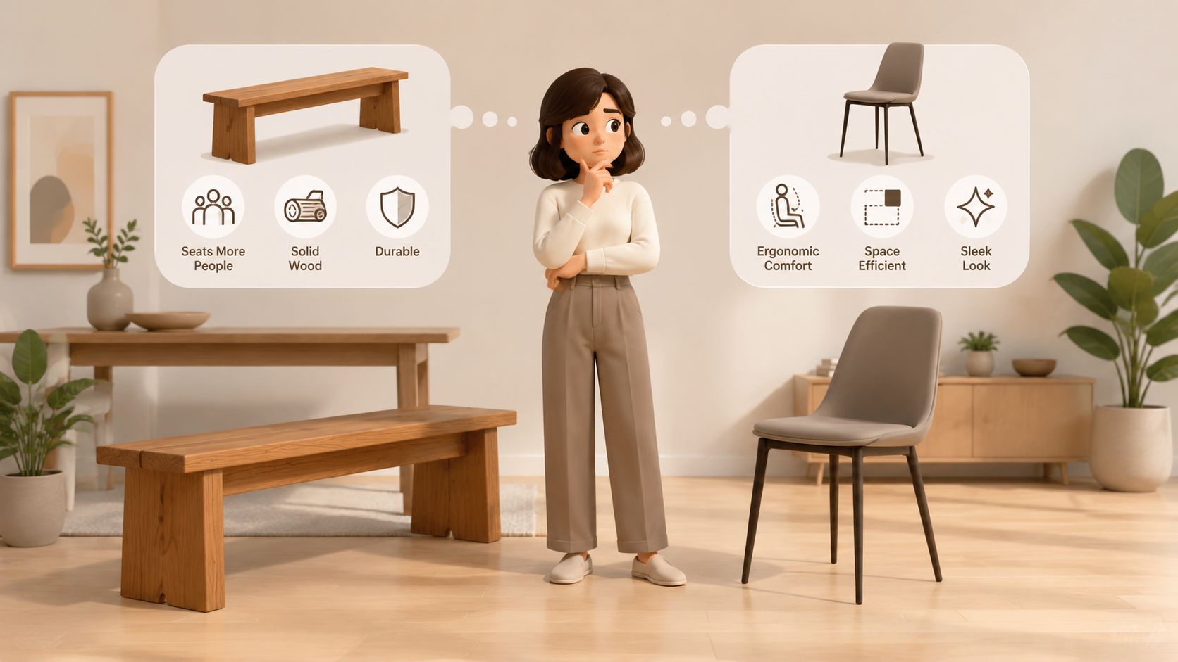 A 3D illustration of a woman considering a choice between a wooden dining bench and a modern chair.
