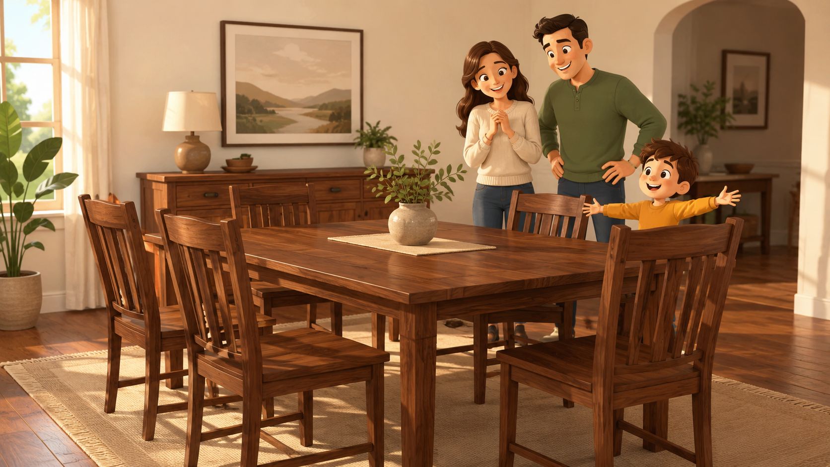A happy cartoon-style family gathers around a beautiful solid wood dining table in a cozy home interior.