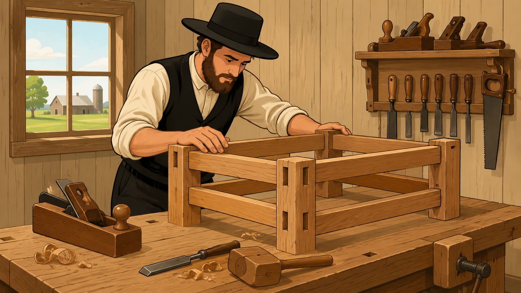 An Amish carpenter working on a solid wood table top frame in his traditional workshop with tools.