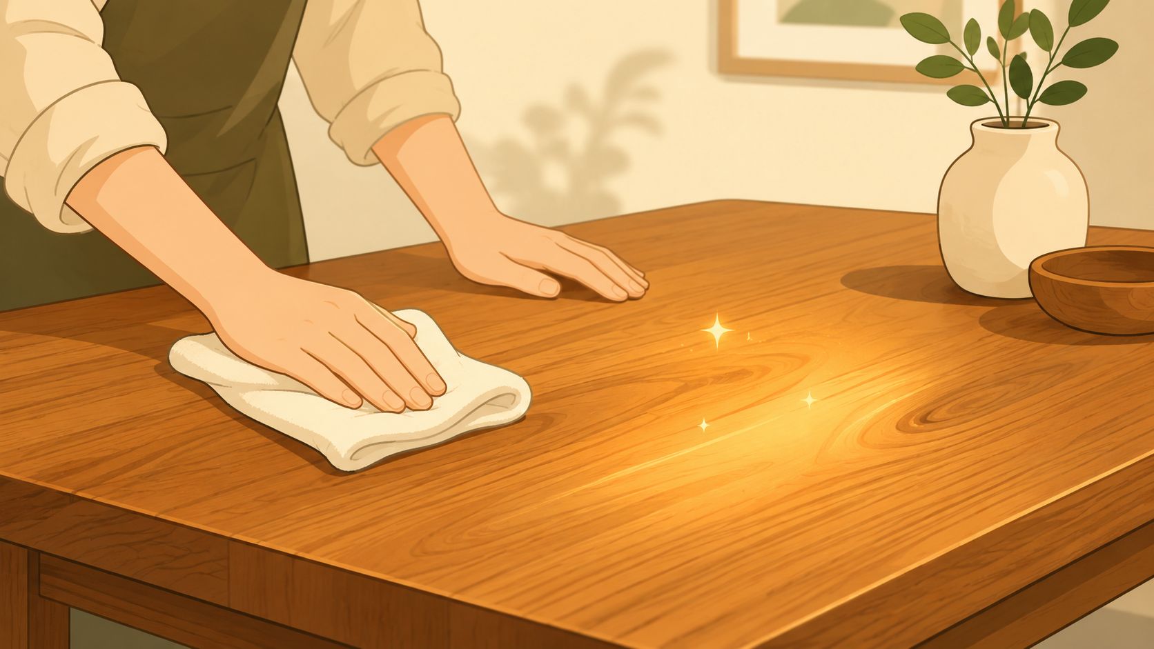 A person wiping a polished solid wood table top with a white cloth to clean it.