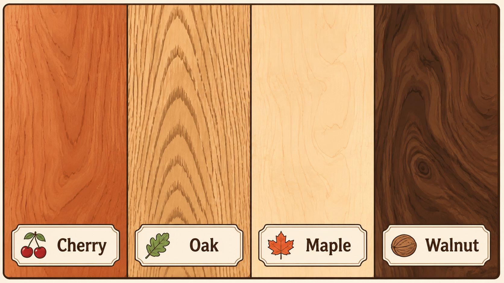 Four different types of solid wood samples labeled Cherry, Oak, Maple, and Walnut displayed side by side.