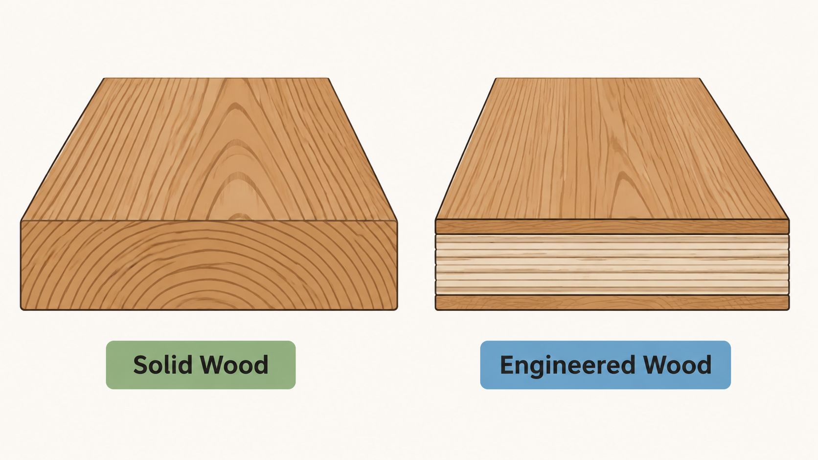 A comparative illustration showing a thick block of solid wood next to a layered piece of engineered wood.