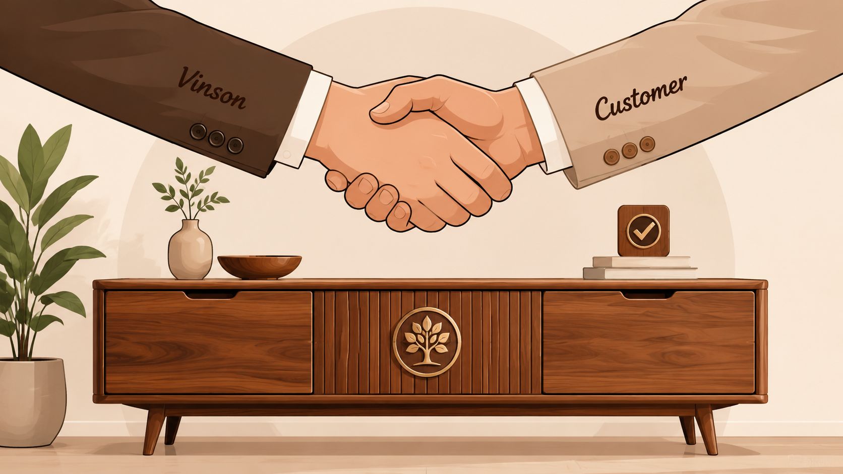 A professional handshake between Vinson and a customer above a luxury wooden sideboard in an office setting.