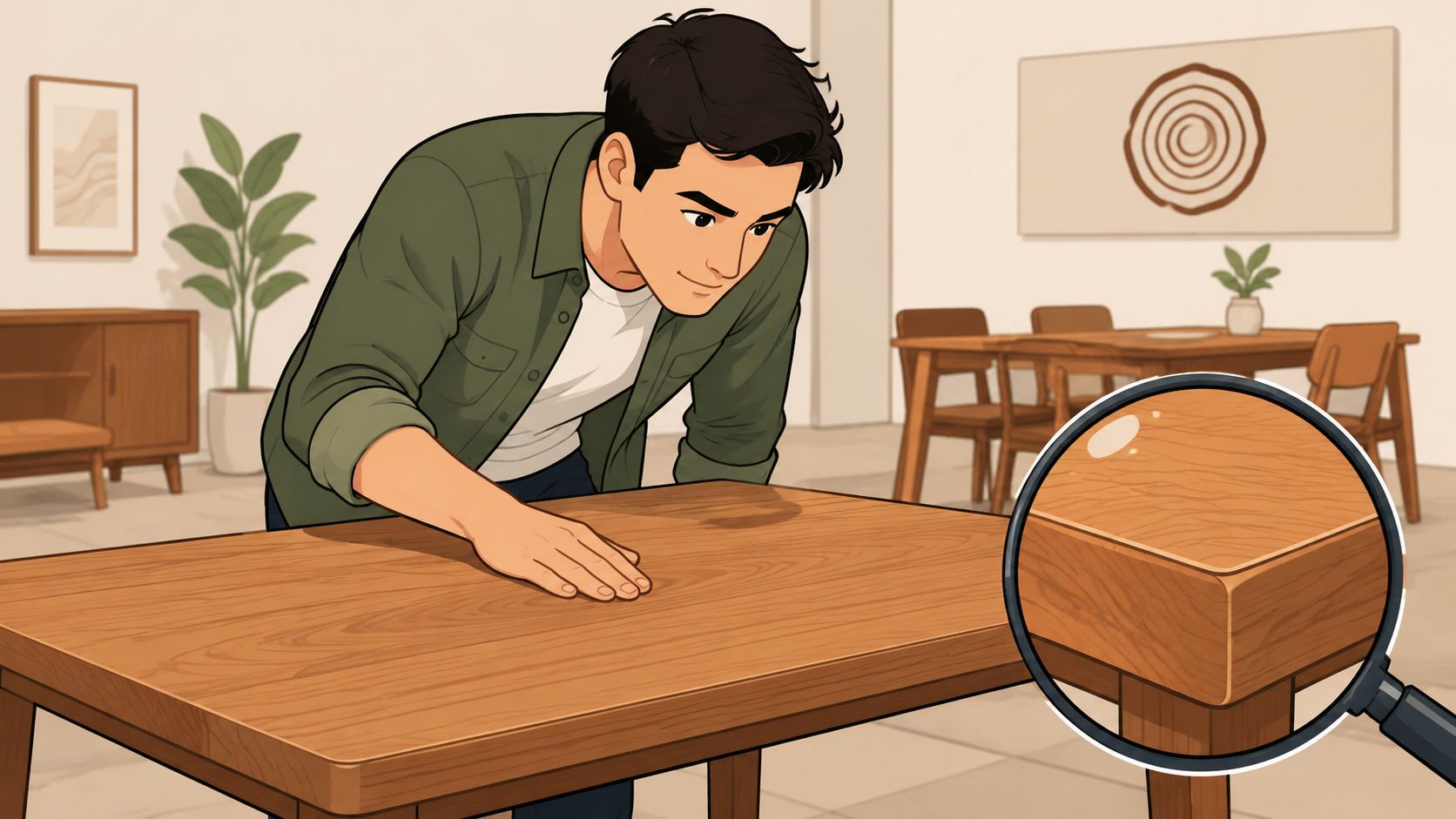 A man carefully inspecting the smooth texture of a wooden table surface with a magnifying glass.