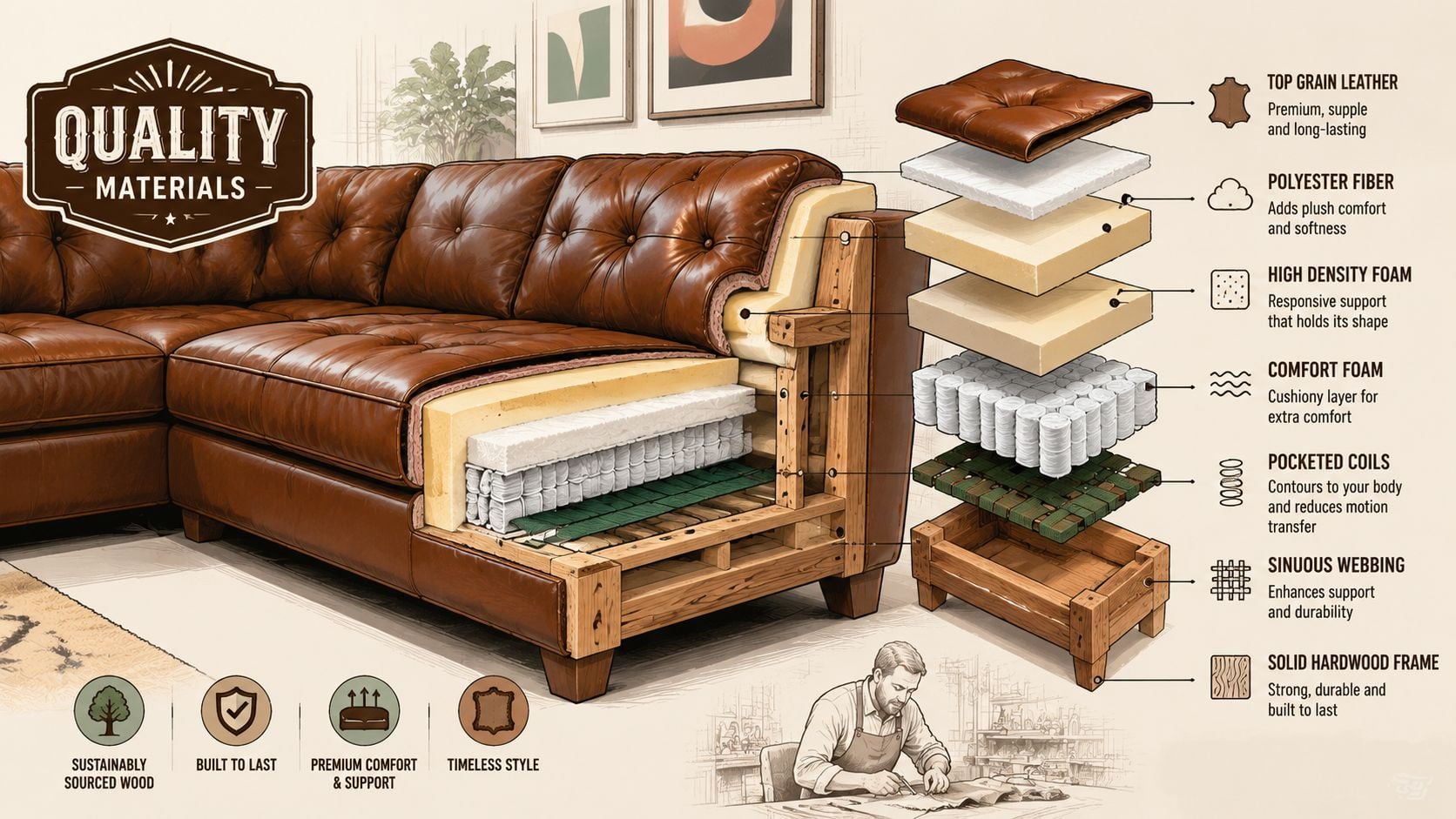 A cross-section illustration showing the high-quality layers and sturdy construction of a tufted leather sectional sofa.