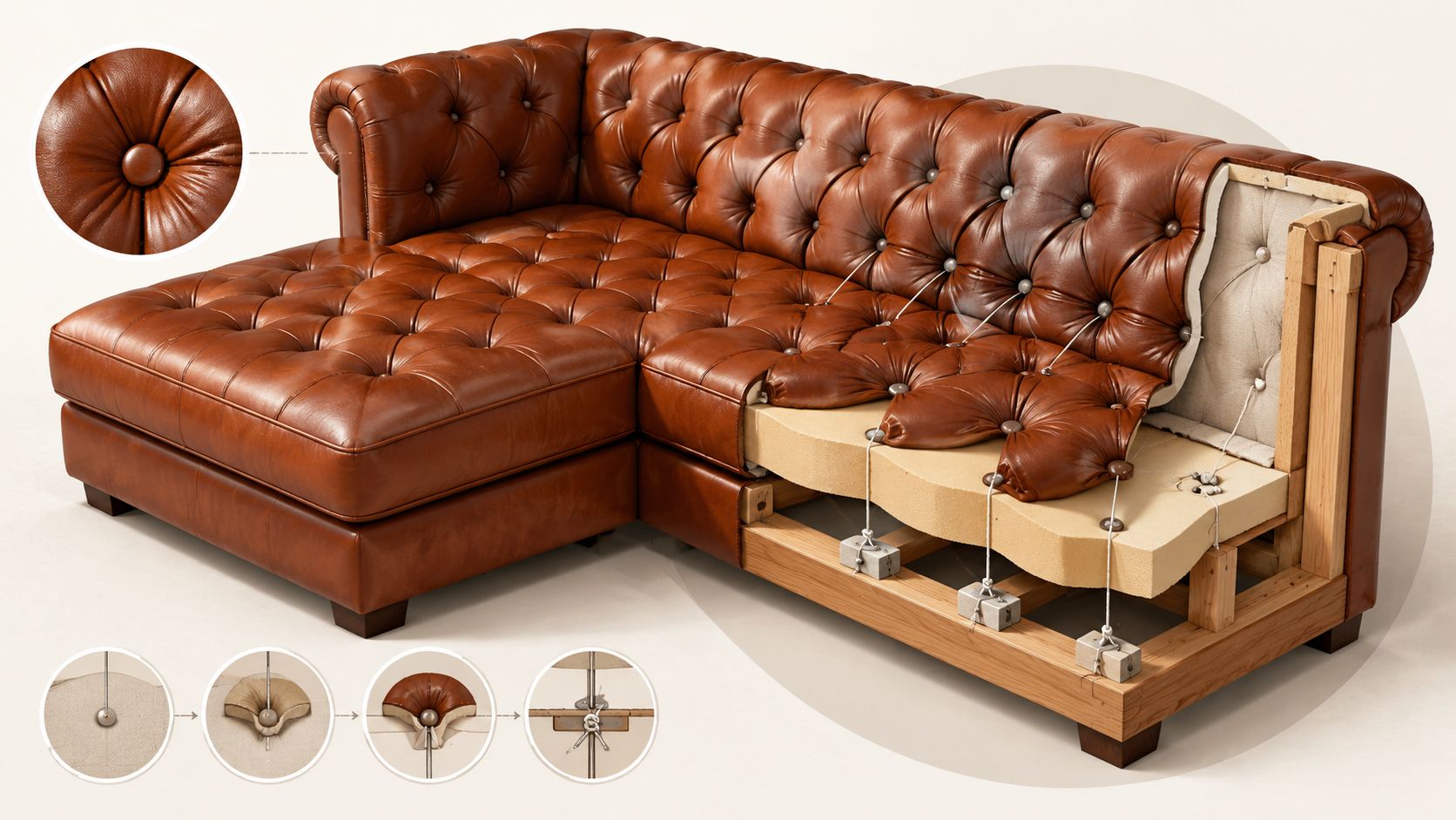 A cutaway view of a brown tufted leather sectional sofa showing its internal wood frame and foam layers.