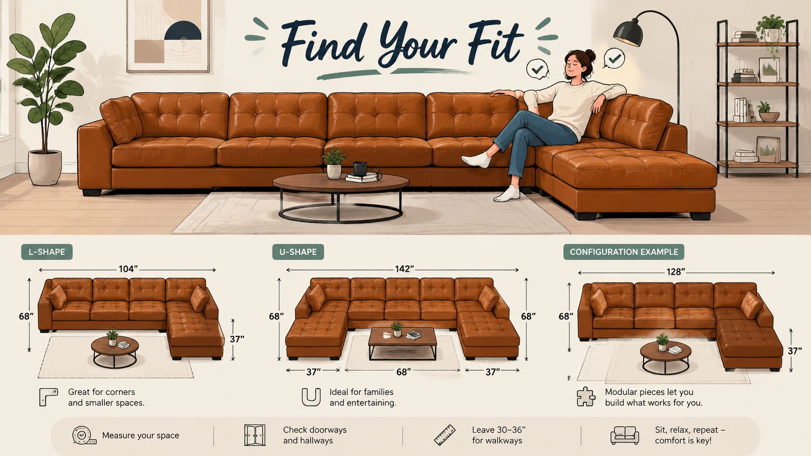A leather tufted sectional sofa illustration displaying various modular shapes and dimensions for living room layouts.