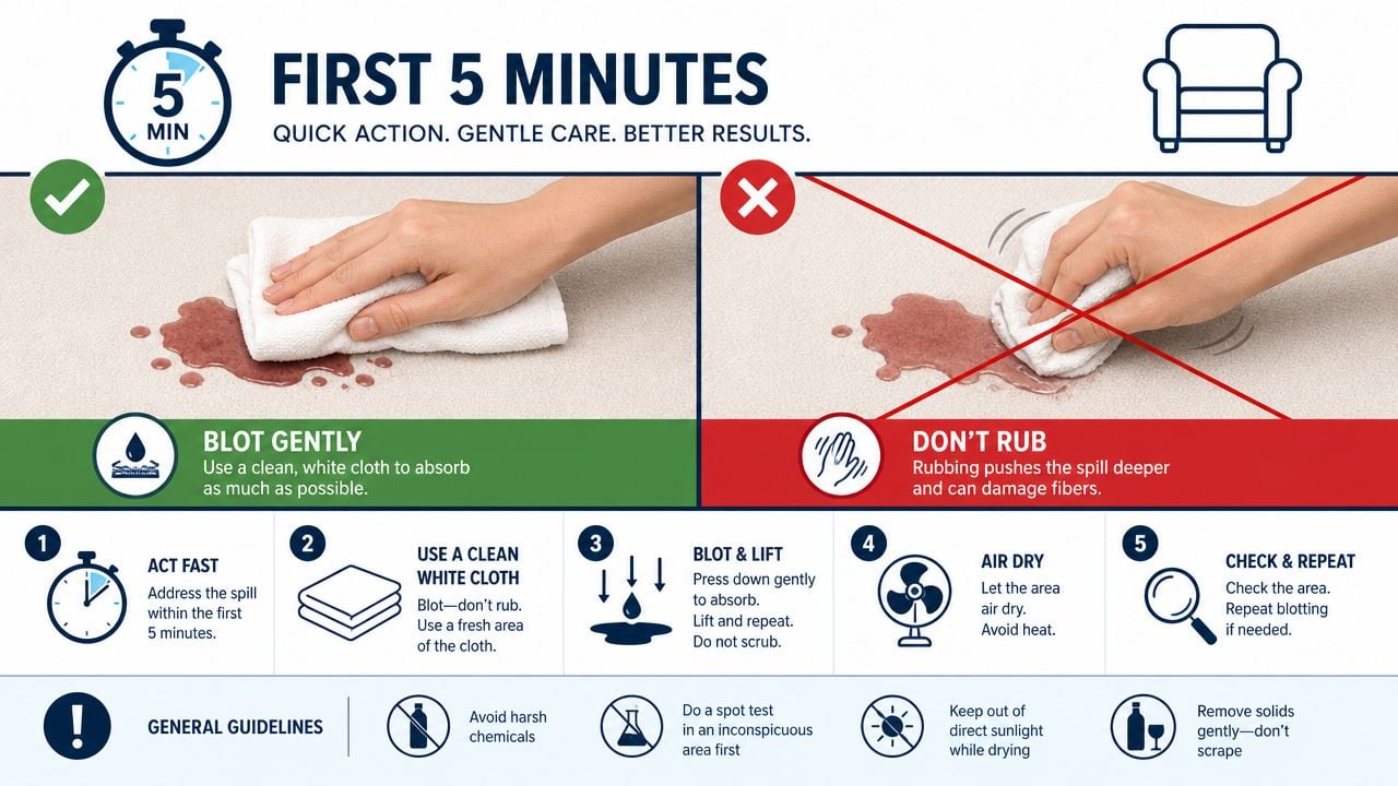 An infographic showing instructions for proper stain removal on upholstery by blotting instead of rubbing.