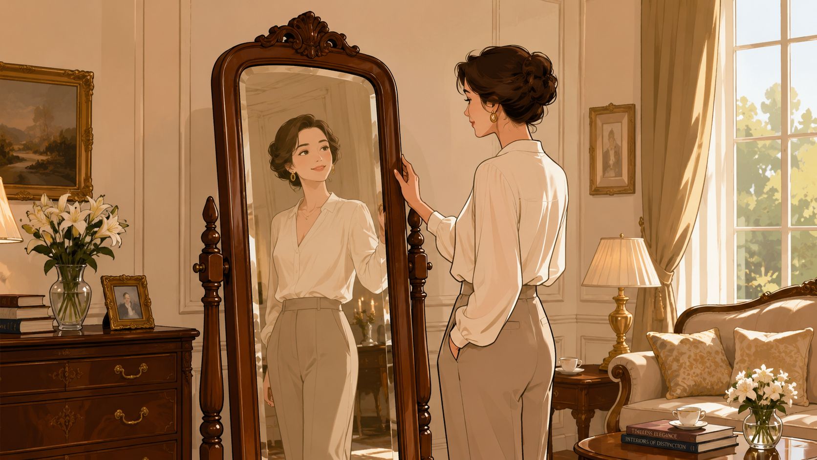An elegant woman looking at her reflection in a beautiful antique wooden cheval mirror in a room.