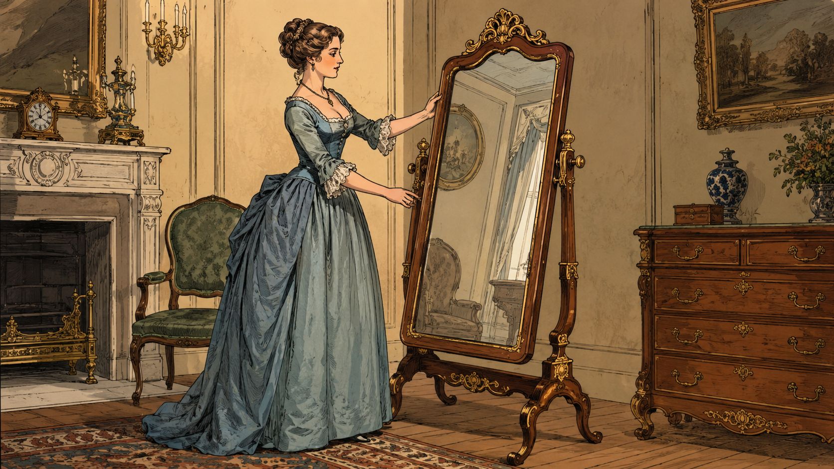 A woman in a blue period gown adjusting an ornate wooden antique cheval mirror in a room.