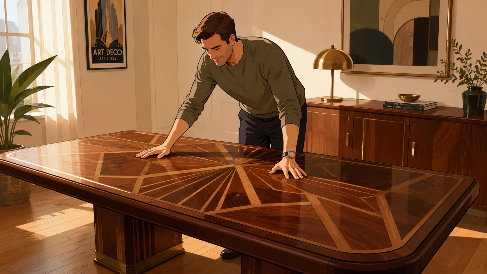 A man inspecting a high-end wooden dining table with geometric Art Deco inlays in a modern home.