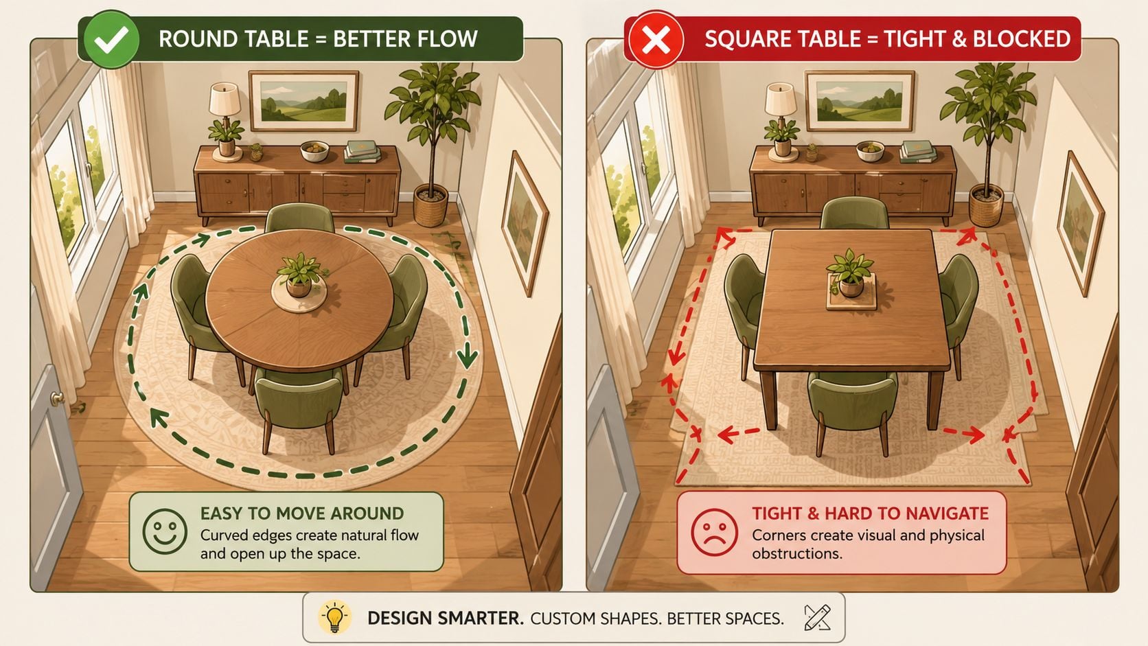 A comparison showing how a round dining table improves movement while a square table restricts small spaces.