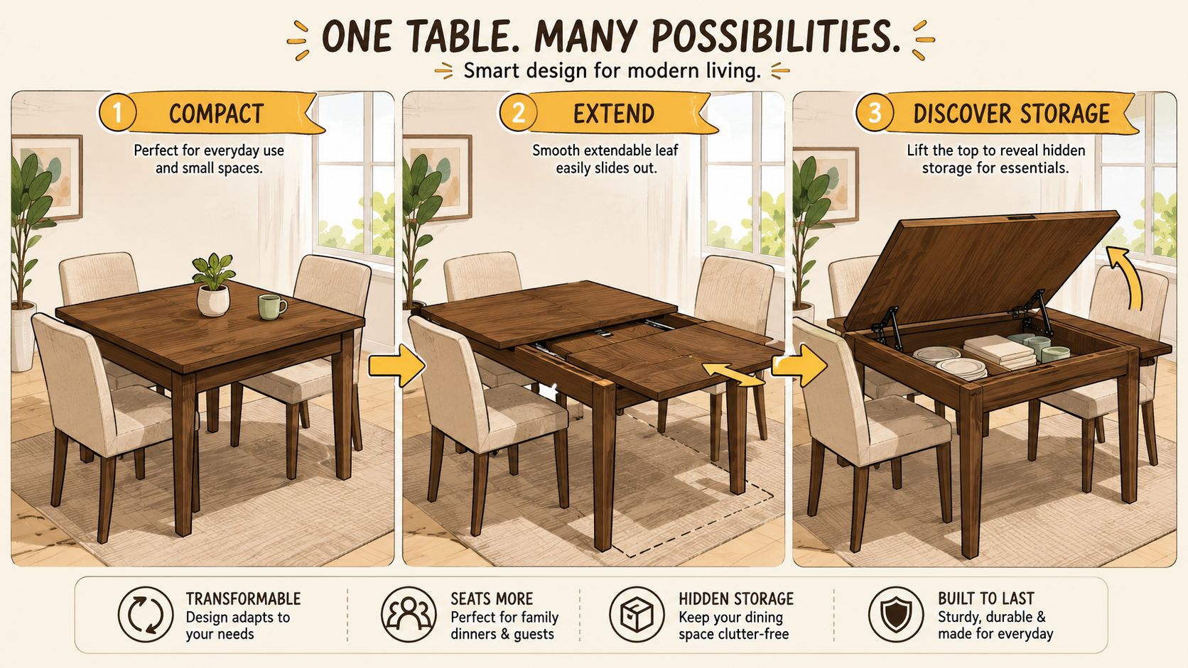 A diagram demonstrating a wooden dining table that transforms from a compact size to an extended version with hidden storage.