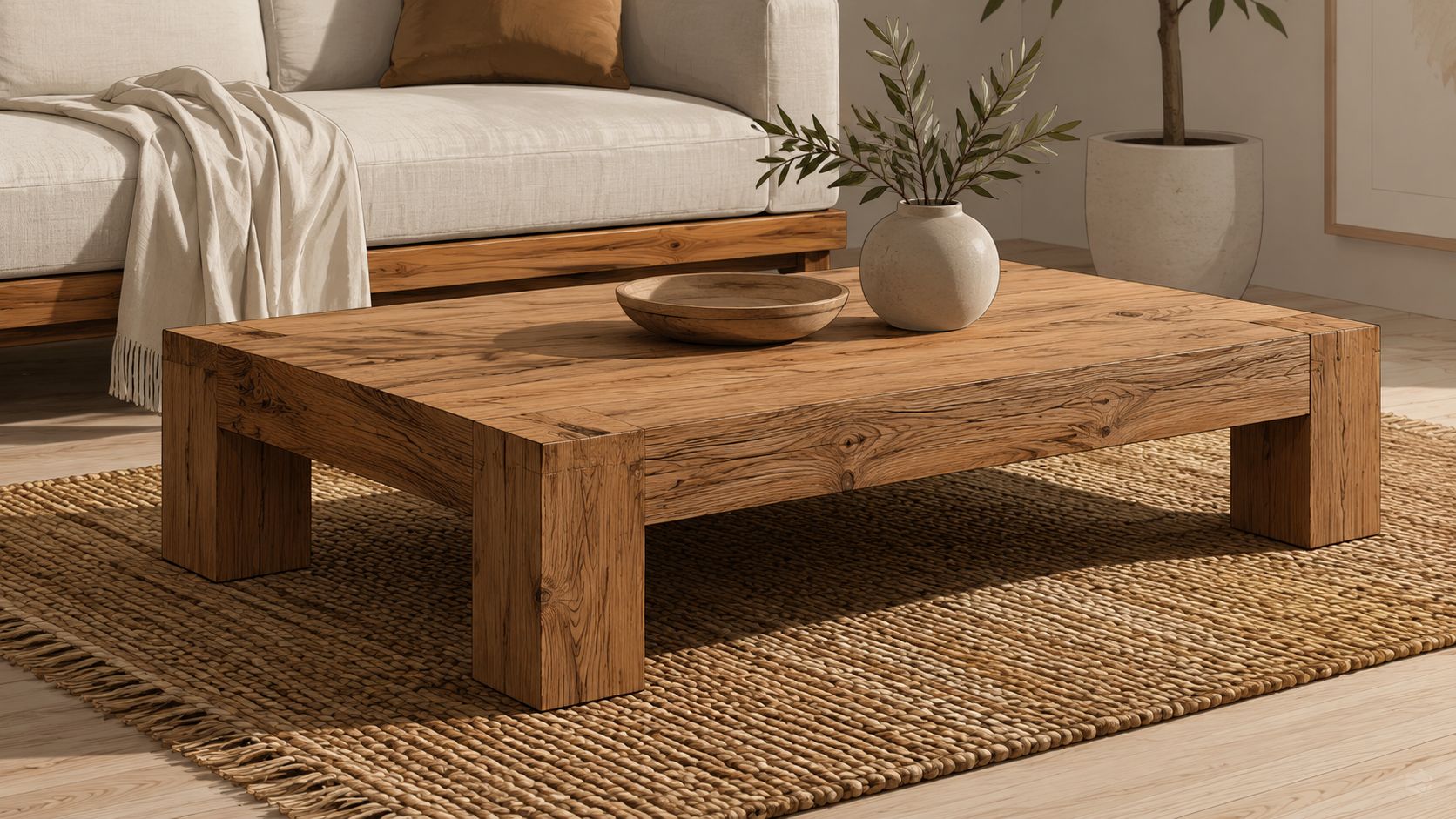 A minimalist wooden coffee table sits on a natural woven rug in a modern biophilic living room.