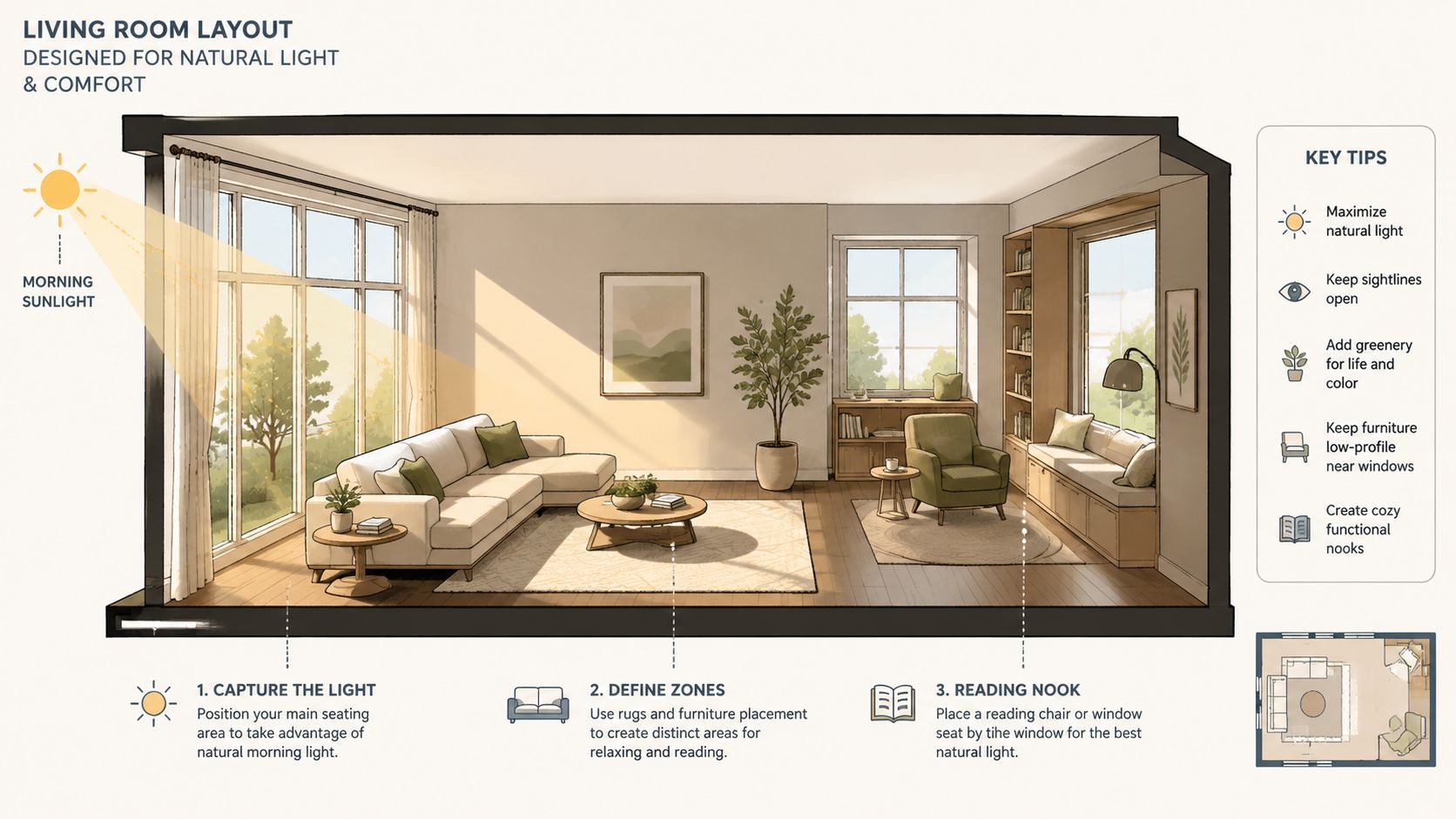 A diagram illustrating a living room layout designed to maximize natural sunlight and create cozy reading zones.