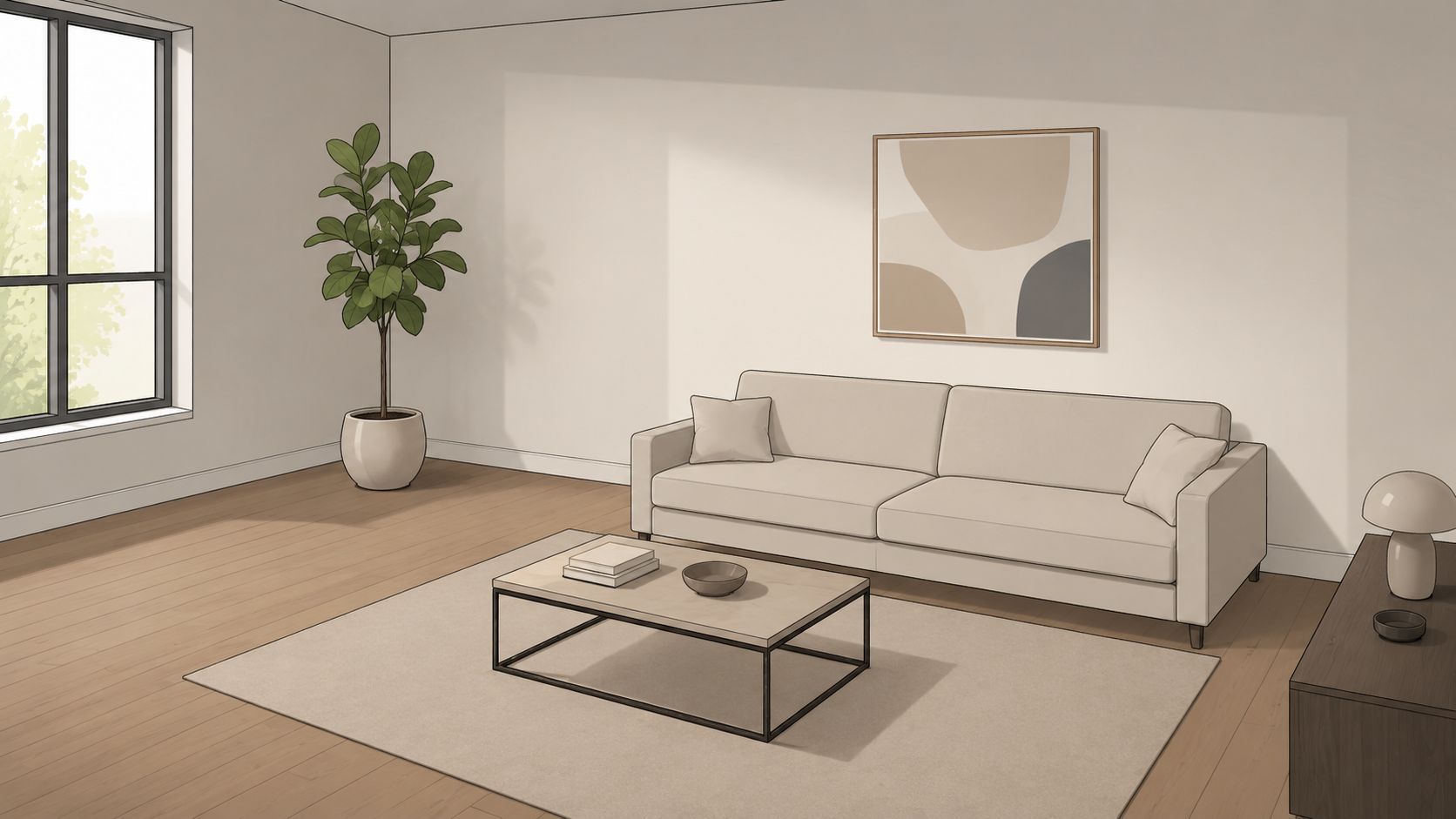 A modern minimalist living room featuring a beige sofa, potted plant, wooden coffee table, and abstract wall art.