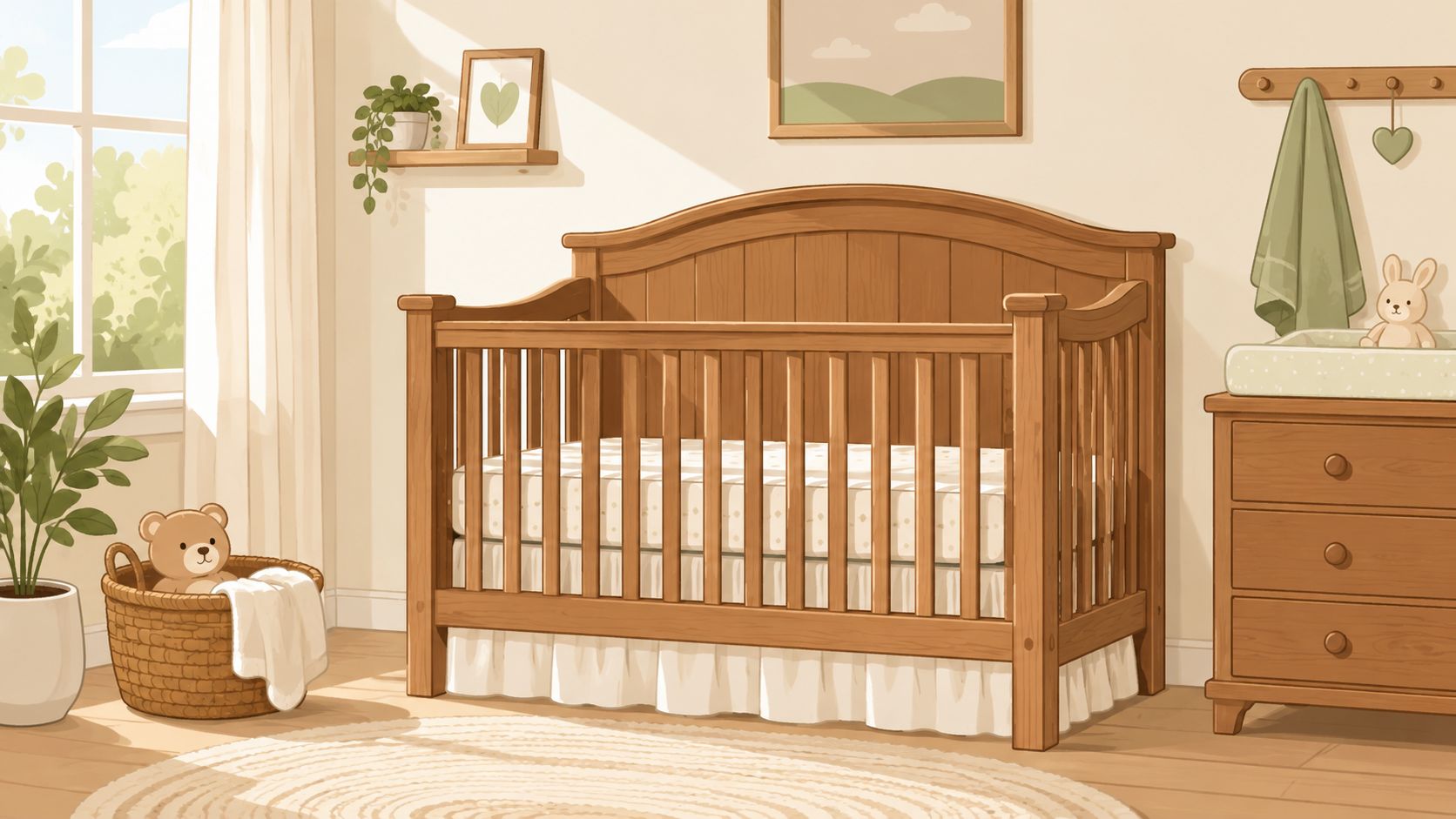 A cozy, sunlit nursery featuring a wooden crib with a crisp white crib skirt and matching bedding.