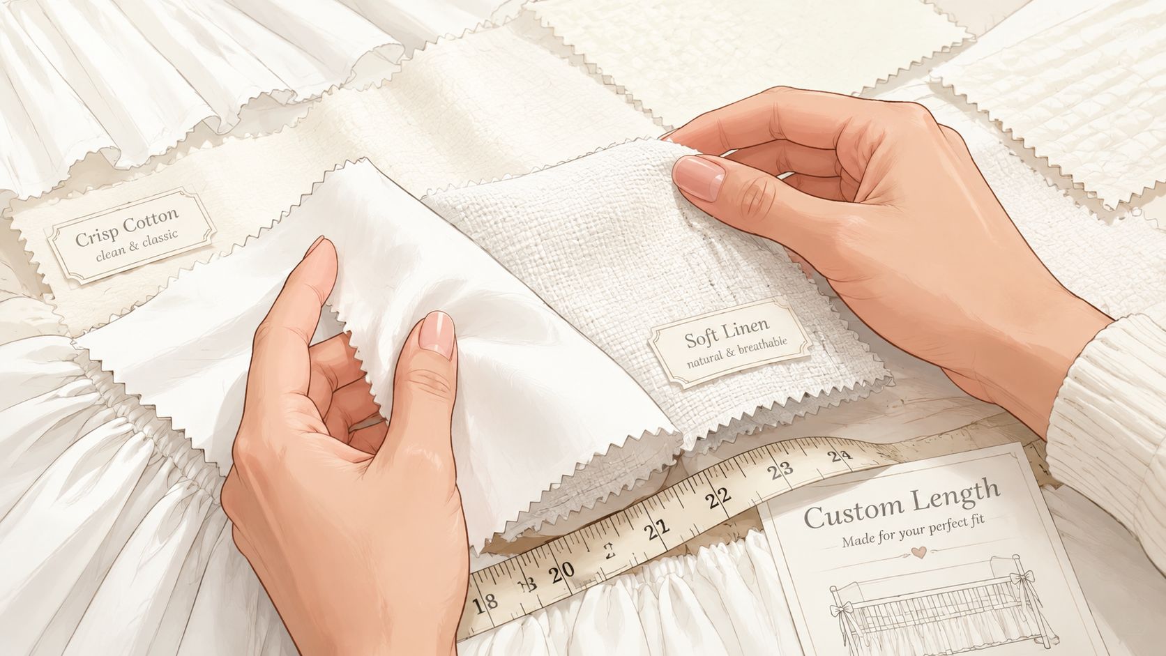 A pair of hands examining fabric swatches for a custom white crib skirt on a table.
