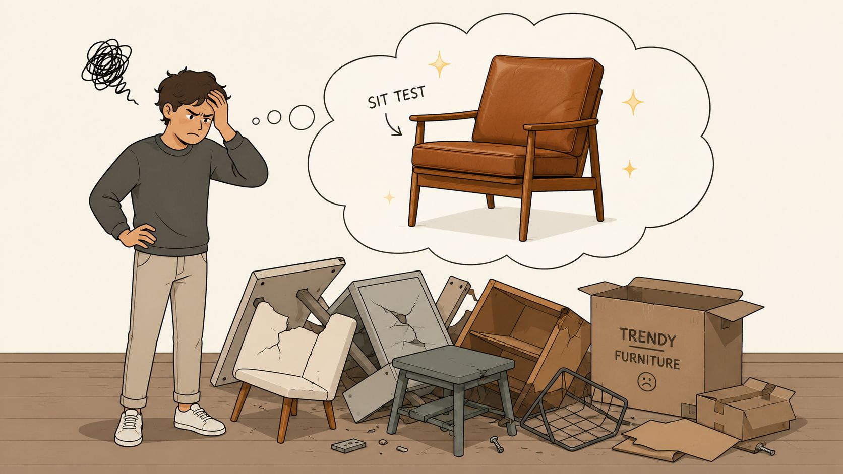 A frustrated man looks at a pile of broken furniture while dreaming of a new leather chair.
