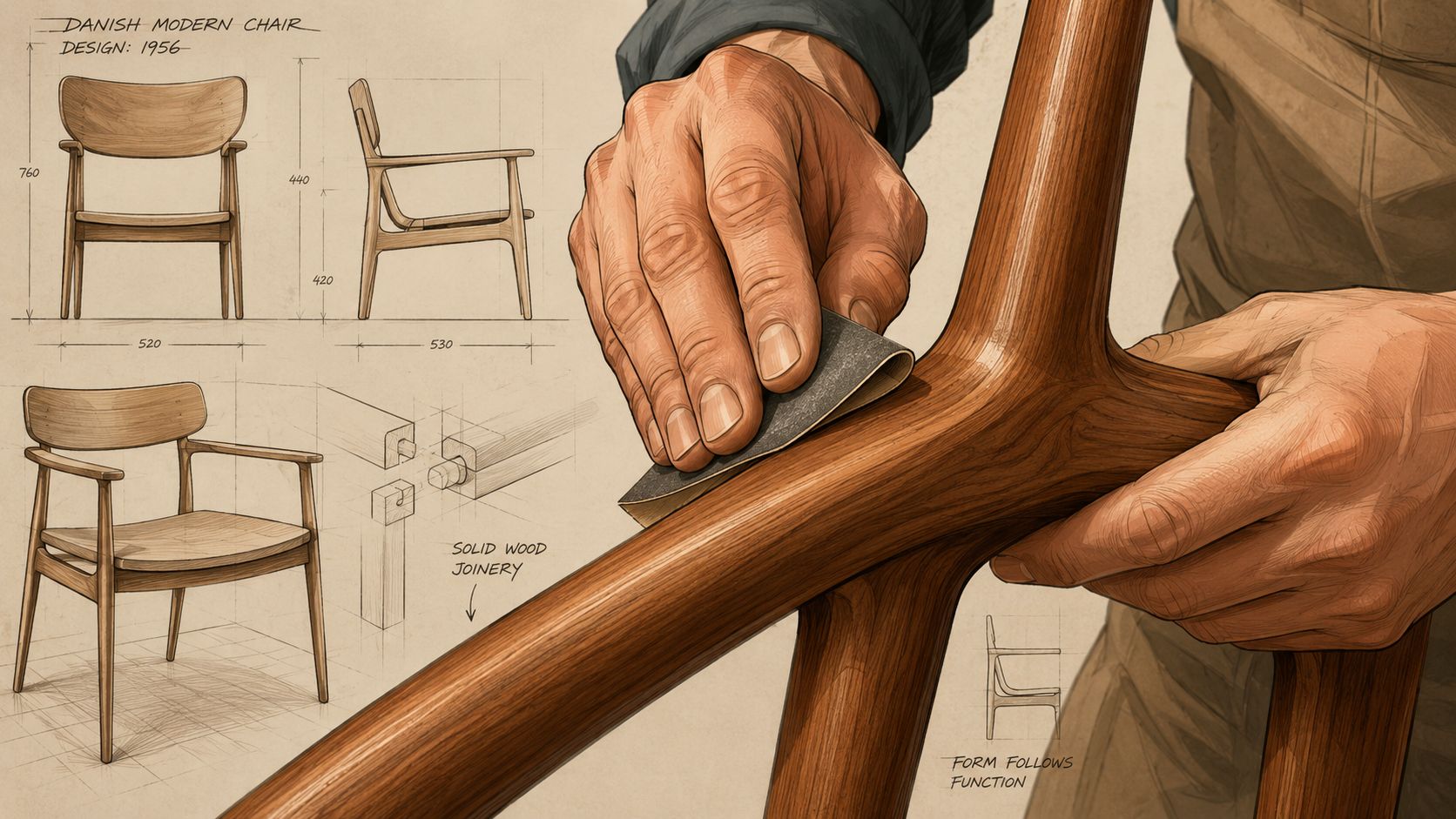 A woodworker carefully sanding a wooden chair component with technical furniture design blueprints in the background.