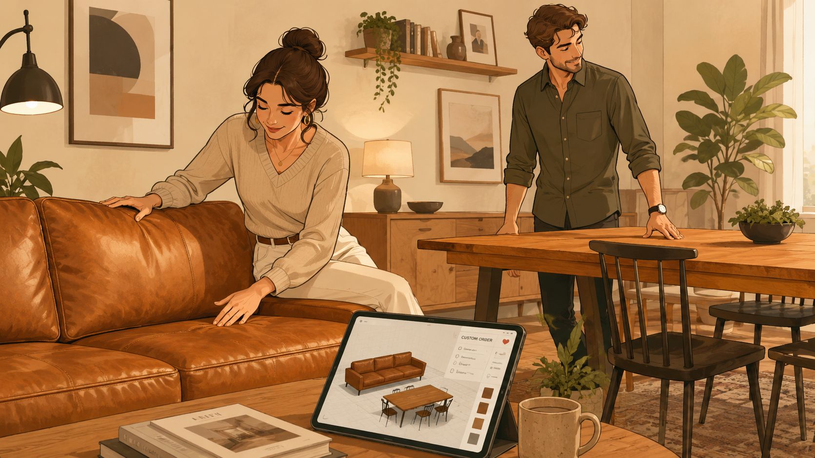 A couple looks at their home interior furniture on a tablet while standing in their cozy living room.