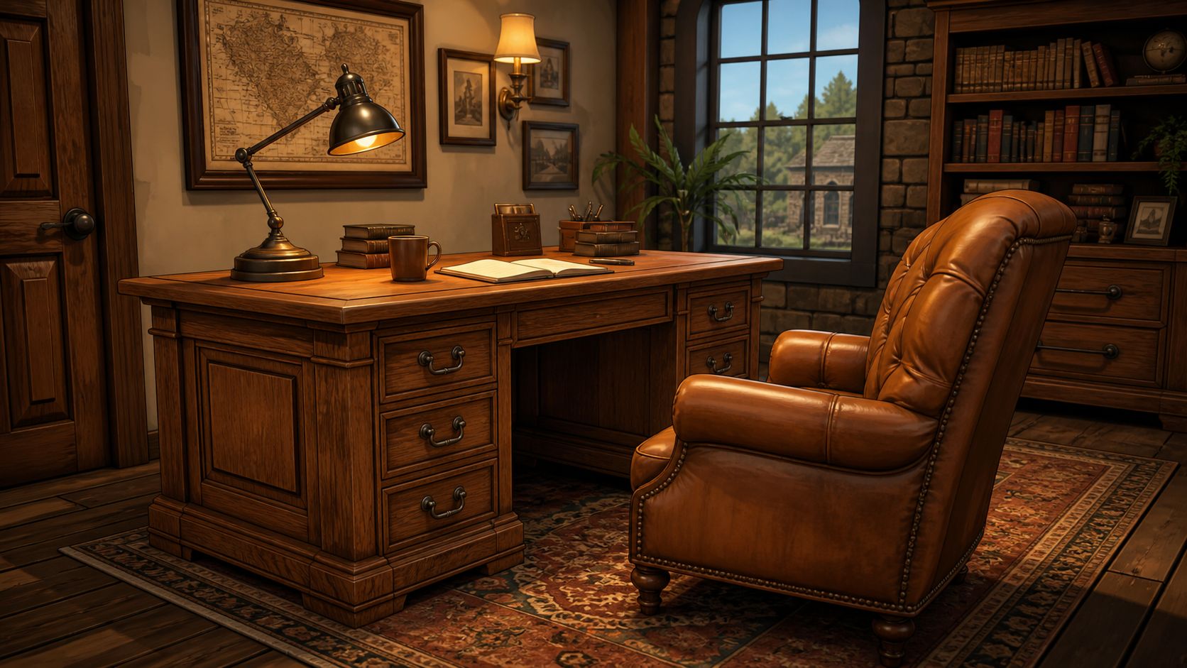A luxurious vintage wooden home office desk with a brown leather chair, warm lighting, and library aesthetic.
