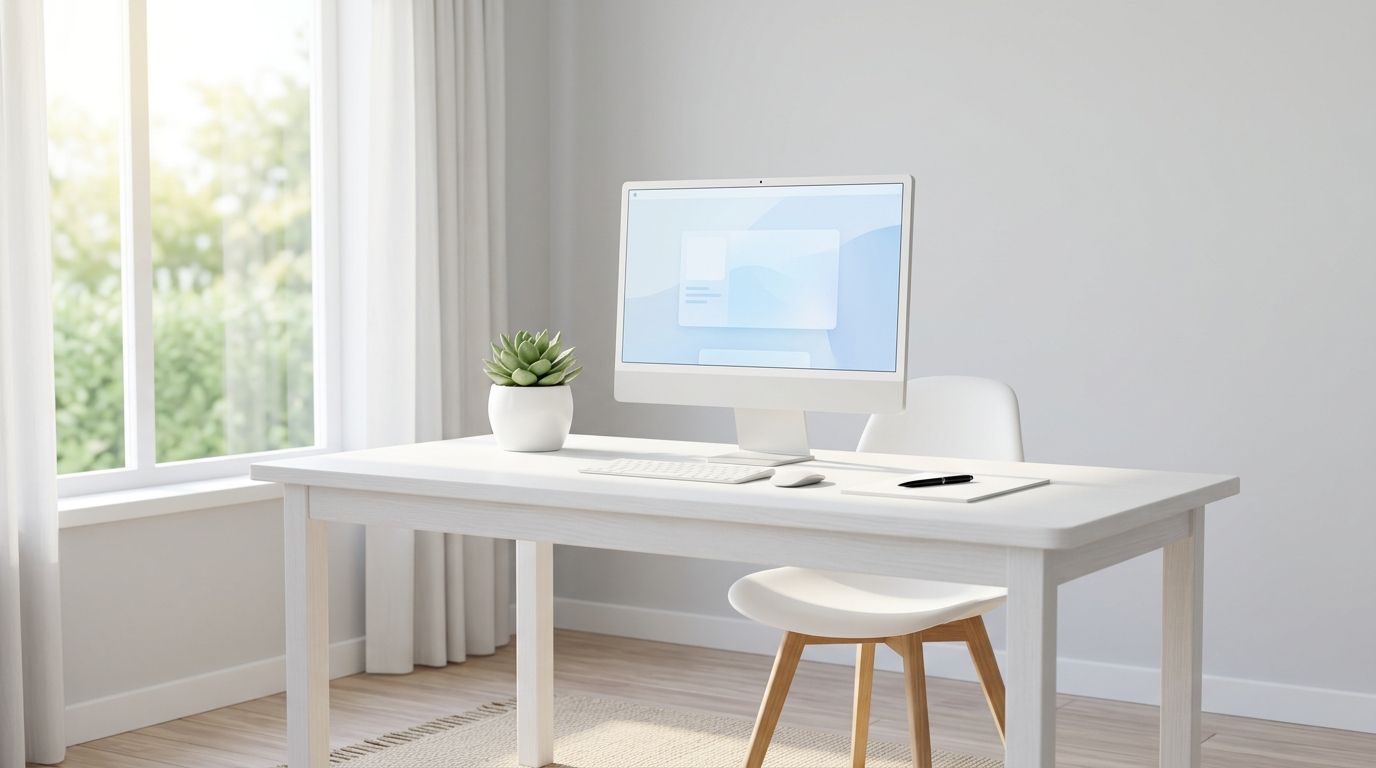 A clean, minimalist home office desk with a modern computer, succulent plant, and chair by a window.