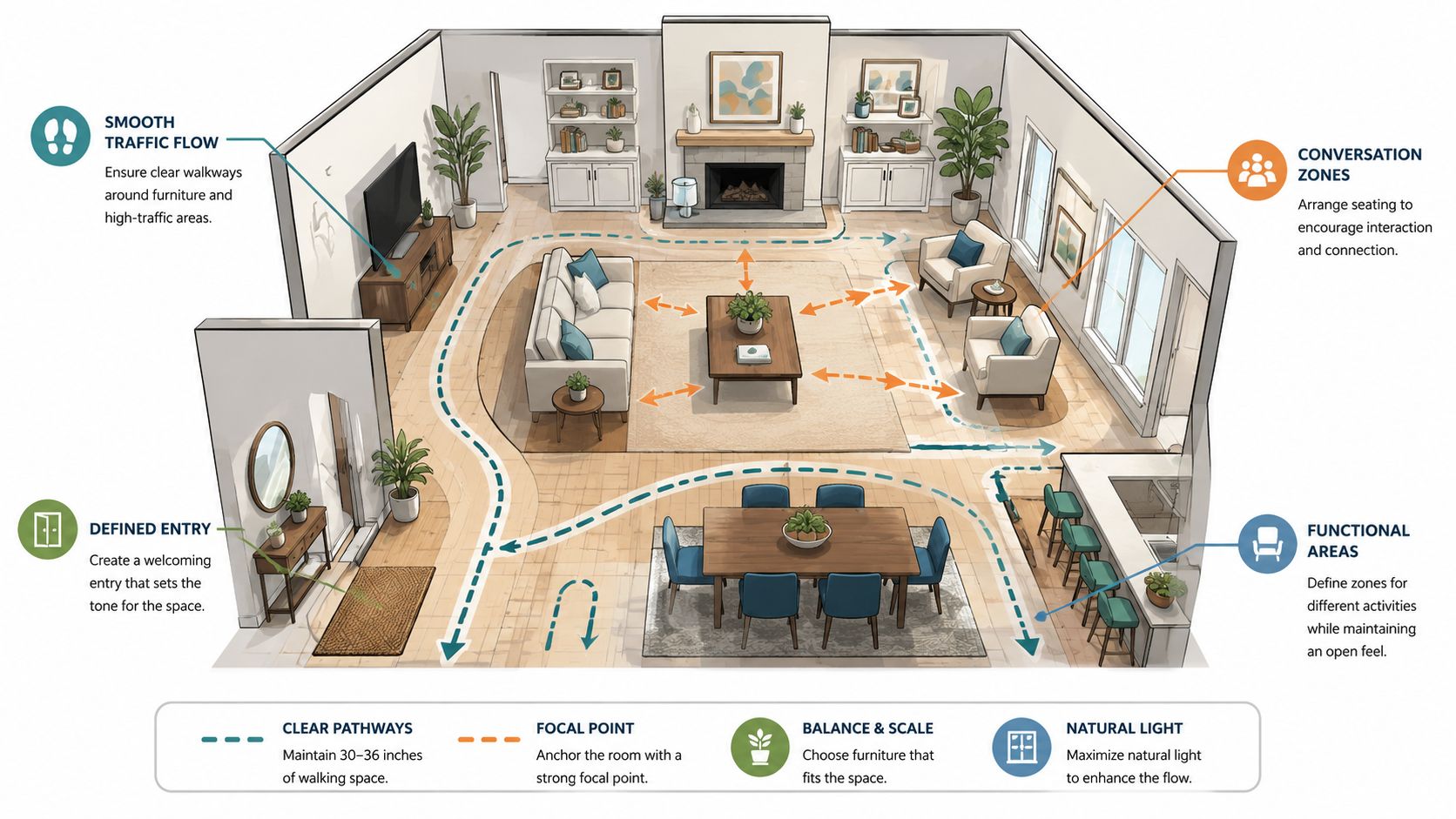An interior design illustration showing a floor plan layout with tips for furniture placement and flow.
