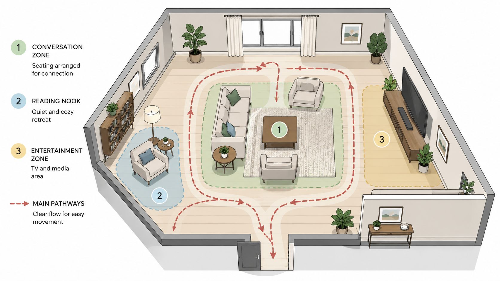 An interior design floor plan layout for a living room featuring three distinct zones and flow patterns.